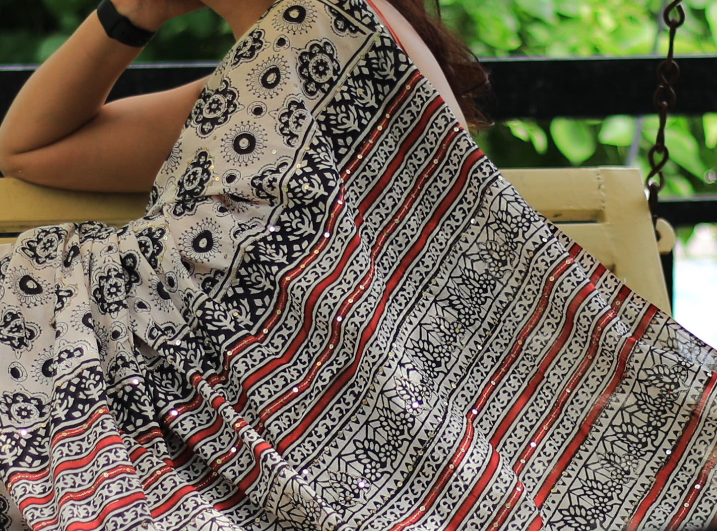 Aabha Cotton Mulmul Hand Block Print Hand embroidered saree