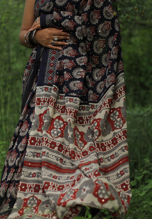 Vanika Cotton Mulmul Hand Block Print Hand embroidered saree